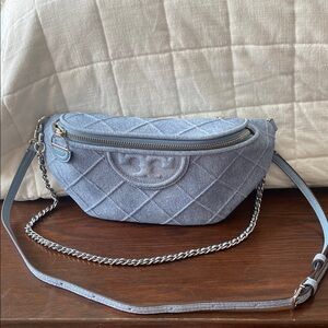 Tory Burch Fleming Soft-Denim-Print Suede Belt Bag